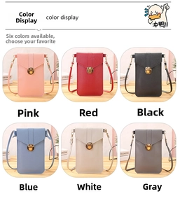 Multiple colors of women's crossbody phone bags with gold buckles in a stylish layout