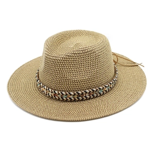 Ethnic Woven Band Straw Fedora Hat Summer Beach Sun Protection Breathable Outdoor Panama Style Travel Sunshade Hat