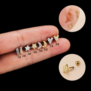 Ear Cartilage Stud Piercing Jewelry Stainless Steel Zircon Star Moon Heart Bar Shape Screw Ball Back For Women