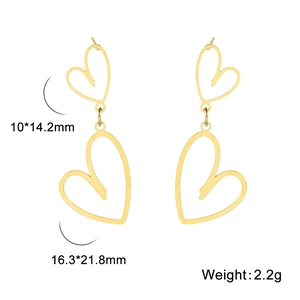 Golden hollow double heart stainless steel earrings with size and weight dimensions
