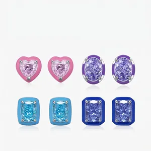 925 Sterling Silver Stud Earrings Colorful Zircon Geometric Heart Oval Macaron Enamel Jewelry For Women Trendy Gift