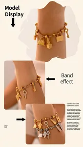 Detail of 18K gold-plated titanium steel bracelet with fashion charms and mini handbag pendants