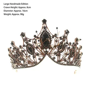 Baroque vintage bridal crown with black crystals and bronze frame, 8cm height, 16cm diameter