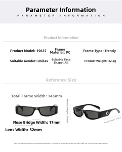 Detailed measurement chart for stylish PC frame sunglasses with dimensions and 145mm width