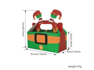 Detailed size specifications for Christmas elf style candy box in red and green finish