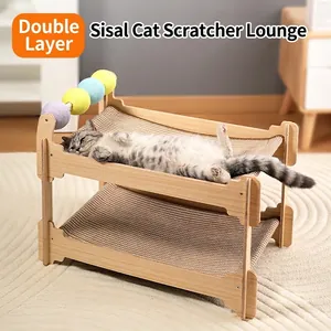 Multilayer Cat Scratcher Bed Solid Wood Frame Natural Sisal And Breathable Fabric Grinding Claw Lounge Chair With Hanging Toy Balls For Cats