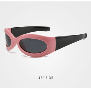 45-degree side view showing pink oval frame and black temples of polarized sunglasses