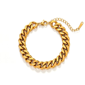 Polished gold stainless steel curb chain bracelet with lobster clasp and extension