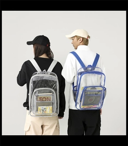 Rear view of transparent PVC backpacks in grey and blue trim with adjustable straps