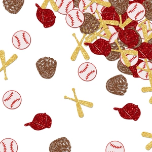 Sparkling baseball theme party confetti set with glitter caps, gloves, bats, and balls