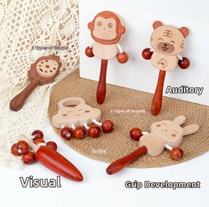 6-piece wooden baby rattle set with animal shapes for sensory and auditory development