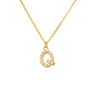 Detailed view of a gold-toned necklace featuring a letter Q pendant set with white pearls