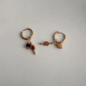 French vintage 18k gold plated hoop earrings with brown natural stone pendants