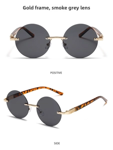 Detailansicht der runden randlosen Sonnenbrille mit Goldbrücke und Schildpatt-Bügeln