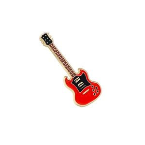 Red electric guitar enamel brooch with gold trim in a minimalist rock style