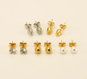 Detailed set of five stud earrings featuring rose buds, pearls, gold beads and zircons