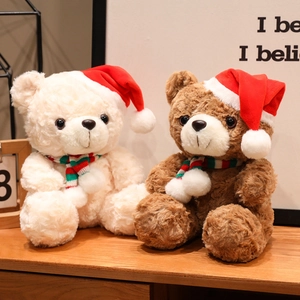 Christmas Teddy Bear Plush Toy With Red Hat And Striped Scarf Soft Stuffed Animal Holiday Gift Home Decoration