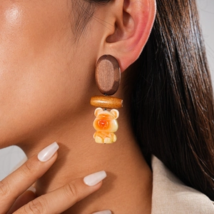 Bohemian wood and resin bear geometric oval earrings with natural handmade texture