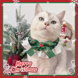 Christmas pet bowtie collar with green plaid pattern, gold reindeer and red berries