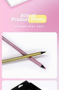 Close-up of metallic colored pencils with black wood core in gold and purple pink