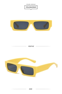 Detailed front and side view of trendy yellow rectangle sunglasses with gray lenses