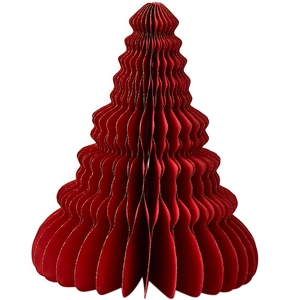 Red honeycomb paper Christmas tree centerpiece with sparkling gold glitter edges