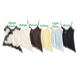 Lace trim satin camisole set for women showing various colors in flat lay view