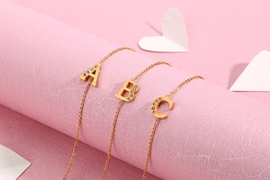 Macro detail of gold letter charms A, B, and C with sparkling cubic zirconia inlay