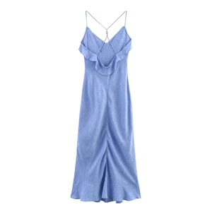 Blue linen halter dress with V-neck, backless cross straps, and ruffle accents