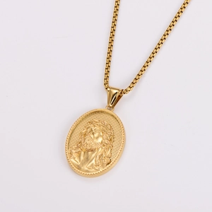 Detailed view of oval gold-plated pendant featuring a relief portrait and thorn texture edge
