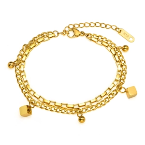 Double-layer 18K gold plated stainless steel bracelet with square charms and pearls