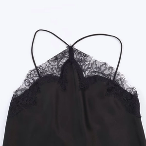 Elegant black satin camisole top with delicate eyelash lace trim and thin shoulder straps
