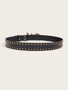 Detail of a black punk waist belt with double row gold rivets and a butterfly buckle