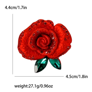 Vintage red enamel rose brooch with crystals for suits, 4.4x4.5cm size details
