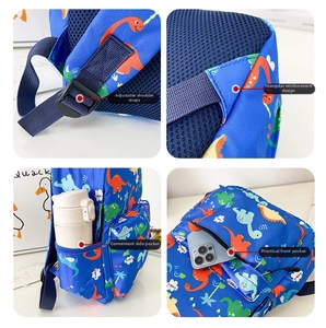 Detail view of reinforced stitching, adjustable straps, and side pockets on dinosaur backpack