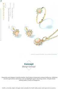 Detail of opal jewelry set with golden finish including ring earrings and necklace pendant