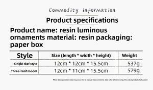 Size guide for resin Christmas train ornaments showing dimensions and product weights