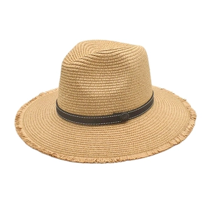 Flat top straw sun hat with fringe brim and brown leather band with retro metal buckle