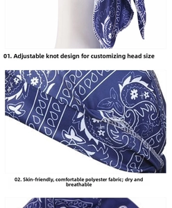 Detail view of adjustable tie strap on blue paisley bandana made of breathable polyester