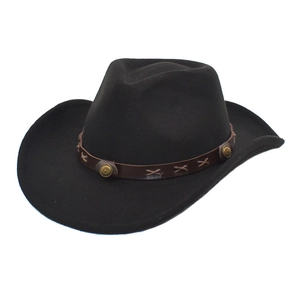 Detailed macro view of the wide-brimmed black wool felt cowboy hat with leather band decor