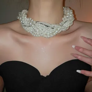 Luxury multi-layer pearl choker necklace with sparkling diamond beads for women