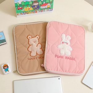 Quilted cotton tablet sleeves with cute plush bear and rabbit embroidery details