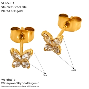 Detailed specs of 18k gold plated stainless steel butterfly earrings with clear zircons