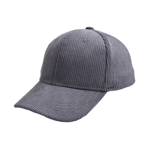 Detail shot of charcoal grey corduroy texture and curved brim on the baseball cap