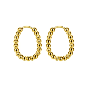 Polished gold beaded oval hoop earrings featuring minimalist metallic sphere design