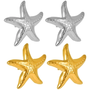 Pair of minimalist 304 stainless steel starfish stud earrings in gold and silver finish