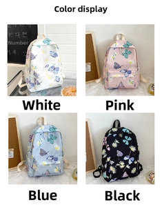 Detailed grid of butterfly and daisy print backpacks in white, pink, blue, and black