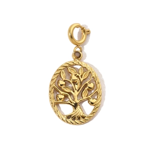 Detailed view of a golden tree of life pendant with oval braided frame and spring clasp