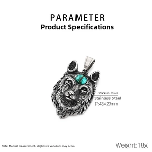 Detailed specs of Fenrir wolf head pendant in stainless steel with green opal stone