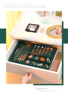 Macro view of dark green velvet jewelry tray organizer with functional storage compartments